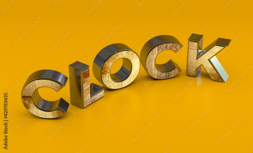 Poster expanded clock word on yellow background. 3d rendering