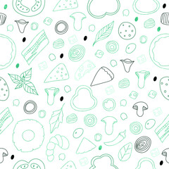 Pizza seamless patter, pizza ingredients seamless pattern