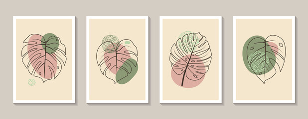 Set of wall decor with Monstera leaves and abstract shapes. Elegant abstract universal background templates. Trending compositions for wall art, home decor, poster, covers. Stock vector illustration.