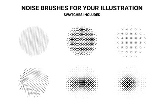 Noise brushes set for illustration. Grunge, dirty effect creation. Swatches included.