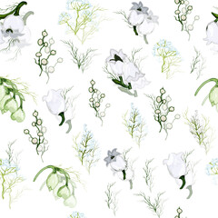 seamless botanical art wallpaper made of lily of the valley flowers. hand-drawn realistic doodles isolated on a white background. spring, vector illustration for print, paper.