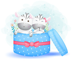 Cute doodle zebra couple inside the gift cartoon character Premium Vector