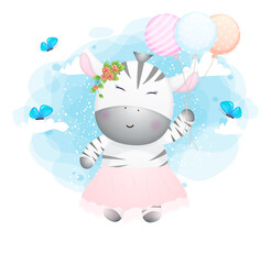 Cute doodle zebra flying in the air with balloon cartoon character Premium Vector