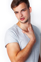 Fototapeta premium young handsome teenage hipster guy posing emotional, happy smiling against white background isolated, lifestyle people concept