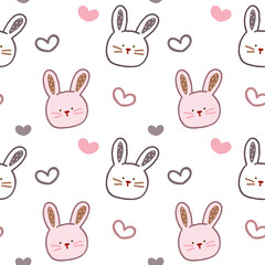 Seamless Pattern of Cartoon Rabbit Face and Heart Design on White Background