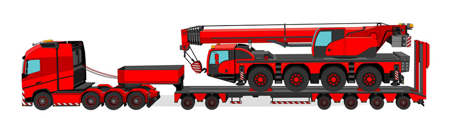 Red big heavy truck carrying crane isolated on white background. Elements 3d. Trucking, transportation, delivery, business. Vector illustration.