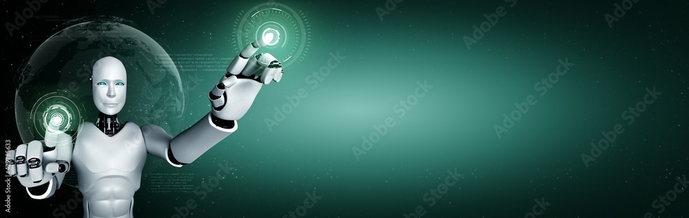Aufkleber ai humanoid robot touching finger at copy space in concept of artificial intelligence thinking by ma