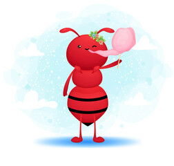 Cute doodle ant girl eat cotton candy cartoon illustration Premium Vector