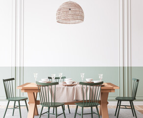 Wooden dining room mockup with wooden table and green chairs on empty wall, farmhouse style, 3d render