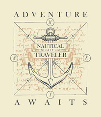 Vector banner with a ship anchor and ribbons with words Adventure awaits. Illustration on the theme of travel, adventure and discovery on the background of handwritten text Lorem ipsum in retro style