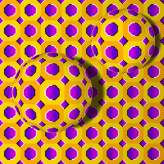 Yellow and purple background from octagons and squares with moving spheres. Motion illusion.