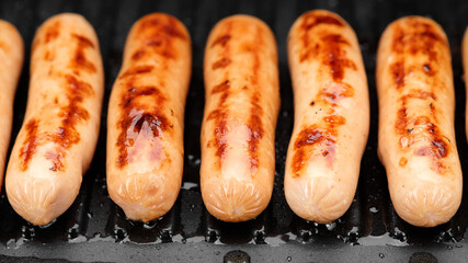 fry sausages on grill close up