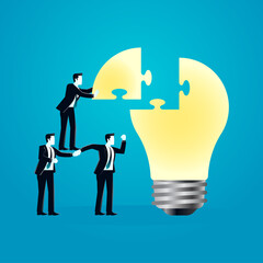 vector illustration of a businessman put down a puzzle piece of light bulb. describe teamwork, solution, cooperation, target and strategy. business concept illustration