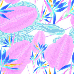Fototapeta na wymiar Beautiful seamless pattern with python and tropical leaves. Beautiful allover print with hand drawn exotic plants and snake. Swimwear botanical design. Vector 