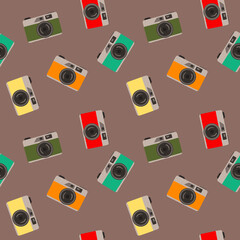 pattern of five cameras in retro style on a colored background