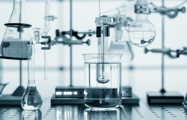 Glass chemical equipment in a chemistry lab