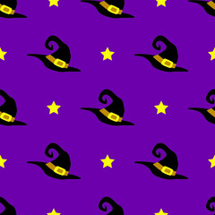 Halloween funny wizard hat and stars seamless pattern. Vector illustration.