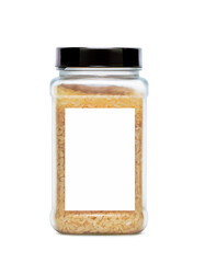 Plastic can with rice on a white background. Mock up template for design. Product packaging photo