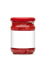 Glass jar with ginger on a white background. Mock up template for design. Product packaging photo