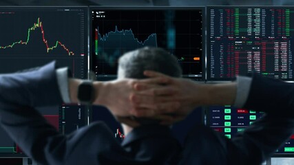 Trader is working with multiple computer screens full of charts and data analysis and stock broker trading online. Back view. Concept of bitcoin and stock market trading. Relax and bot algo trading - Powered by Adobe