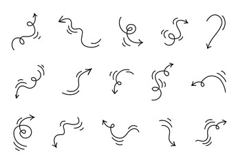 Hand drawn arrows set. Cartoon smooth swirling arrows. Graphic Vector illustration in a doodling style. Isolated on a white background.