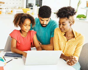 laptop computer education father mother children daughter girl family childhood home child parent...