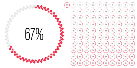 Set of circle percentage diagrams meters from 0 to 100 ready-to-use for web design, user interface UI or infographic - indicator with red