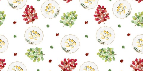Seamless pattern with different cheese on a plate and grapes. For textile, paper, wallpaper, packaging. Vector pattern.