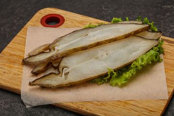 Delicous smoked halibut slices snack