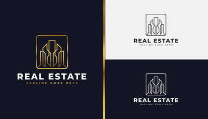 Real Estate Logo in Gold Gradient with Line Style. Construction, Architecture or Building Logo Design Template