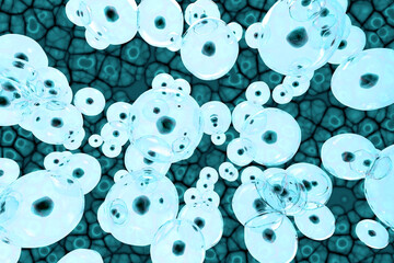 Blue cells under microscope. Bacteria or virus. Medical background. 3d rendering. High resolution.