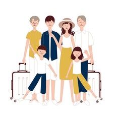 スーツケースを持って旅行する三世帯家族
