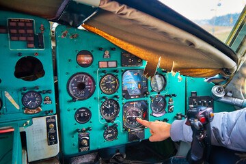Close-up view of the dashboard in an old plane.