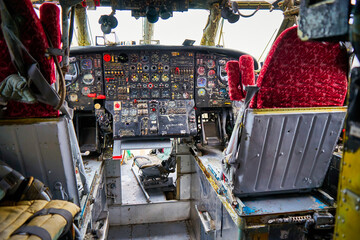 Close-up view of the dashboard in an old plane.