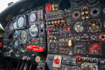 Close-up view of the dashboard in an old plane.