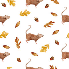Watercolor seamless pattern with cute mouse and leaves