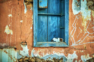The cat is resting on an old dilapidated windowsill.
