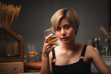 sexy Asian woman person, holding glass of drink with alcohol or wine, portrait fashion female, attractive pretty lady girl party looking camera, celebration concept