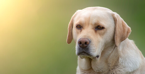 Sad labrador retriever on a green blurred background. Bright sun and copy space to insert text.