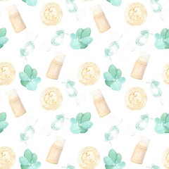Seamless pattern with green leaves, loofah and deodorant watercolor illustrations