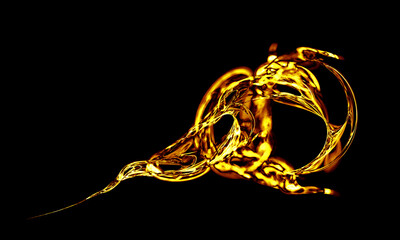 Golden metallic knot or element full of holes shimmering on black background. Abstract shape in digital illustration. Minimal, complicated and simple at the same time.