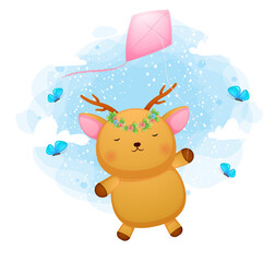 Cute doodle baby deer flying with kites Premium Vector