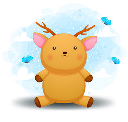 Cute doodle baby deer playing with butterfly Premium Vector