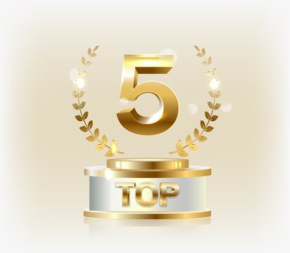 Top 5 best podium award sign, golden object.