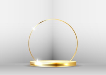Golden podium with a spotlight and bokeh on a white background.