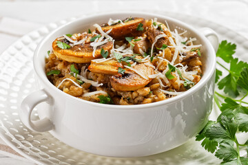 classic creamy mushroom risotto in a bowl