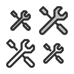 Pixel-perfect linear icon of screwdriver with spanner  built on two base grids of 32x32 and 24x24 pixels. The initial line weight is 2 pixels. In two-color and one-color versions. Editable strokes