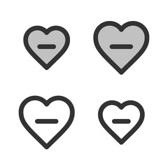Pixel-perfect linear icon of heart with minus sign in  built on two base grids of 32x32 and 24x24 pixels. The initial line weight is 2 pixels. In two-color and one-color versions. Editable strokes
