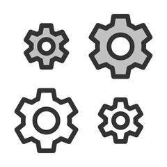 Pixel-perfect linear icon of cogwheel built on two base grids of 32x32 and 24x24 pixels. The initial base line weight is 2 pixels. In two-color and one-color versions. Editable strokes