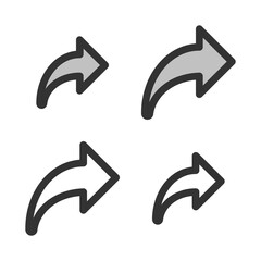 Pixel-perfect linear  right curved arrow icon built on two base grids of 32x32 and24 x24 pixels. The initial base line weight is 2 pixels. In two-color and one-color versions. Editable strokes